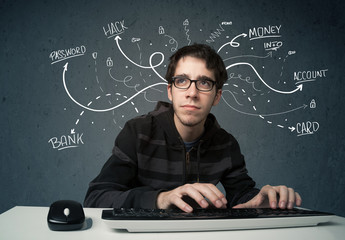 Young hacker with white drawn line thoughts