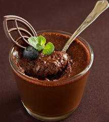Chocolate mousse with blueberries.
