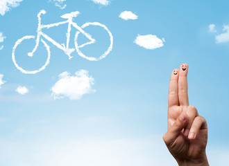 Happy smiley fingers looking at a bicycle shapeed cloud