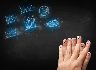 Happy finger smileys with blue chart icons and symbols