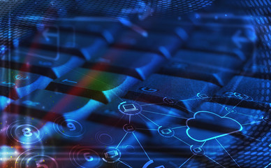 Fototapeta premium Keyboard with glowing cloud technology icons