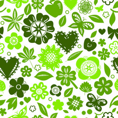 Green flowers and hearts silhoettes on white seamless pattern