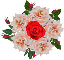 bright red rose in the center of bouquet