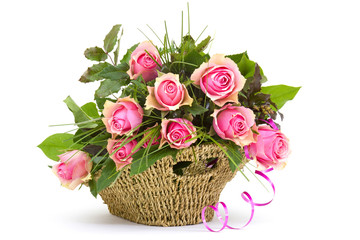 pink roses in a basket