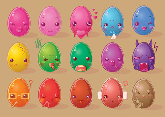 Set of fifteen egg-shaped emoticons in a funny chibi style