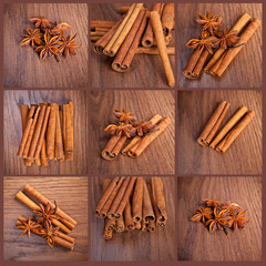 collage cinnamon sticks and star anise on a wooden background
