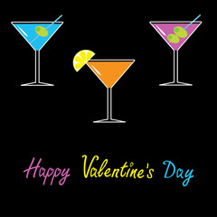 Martini set on black background. Happy Valentines Day card.