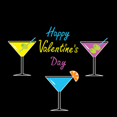Martini glasses set on black background. Happy Valentines Day ca