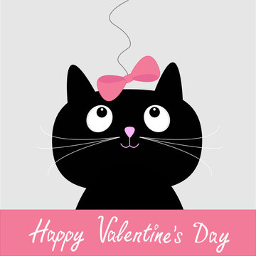 Cute cartoon black cat with pink bow. Happy Valentines Day card.