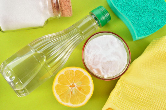 Natural Cleaners. Vinegar, Baking Soda, Salt And Lemon.