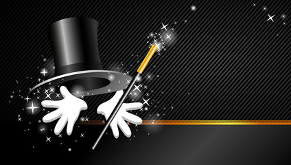 background with top hat, magic wand and hand