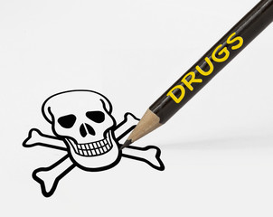 concept of drugs leading to death with pencil.drawing skull