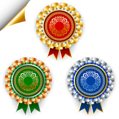 Three color vector award ribbon badges for 1, 2 and 3 places.
