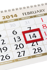 Calendar page with red frame on February 14 2014.