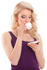 Blond hair woman drinking coffee