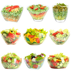 Collage of vegetable salads isolated on white