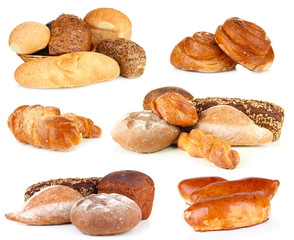 Collage of various bread isolated on white
