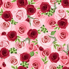 Seamless background with red and pink roses. Vector illustration