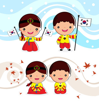 Korean traditional costume Boys and girls, cartoon, asian