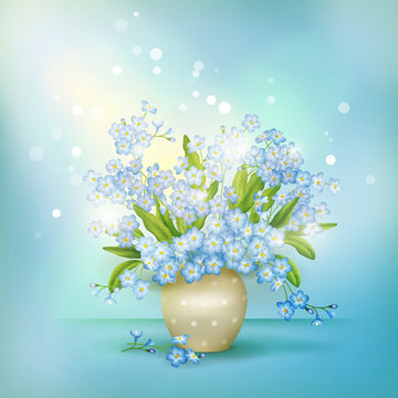 Spring Blue Flowers Forget-me-nots In Vase Vector