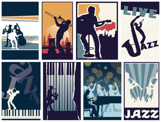 Set of 8 different vector jazz posters - obrazy, fototapety, plakaty