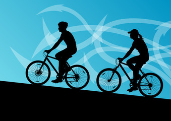 Active man and woman cyclists bicycle riders in abstract arrow l