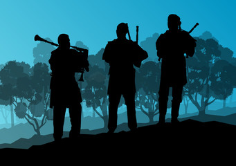 Scottish bagpiper silhouette landscape vector background concept