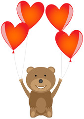 Illustration of cute Teddy Bear with red heart balloons