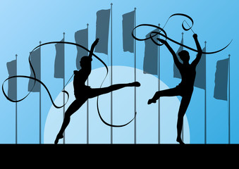Teenager gymnastics with ribbon vector abstract background