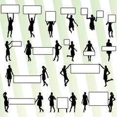 Woman hold blank board, empty banner vector background concept s