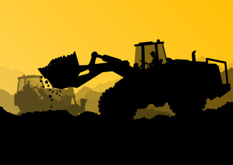 Excavator bulldozer loaders, tractors and workers digging at ind