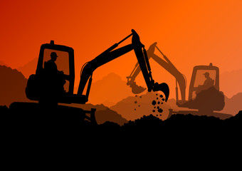 Excavator bulldozer loaders, tractors and workers digging at ind