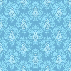 Blue damask seamless vector pattern background