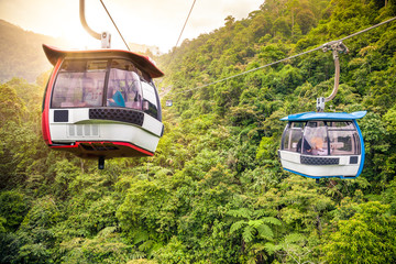 Aerial tramway moving up in tropical jungle mountains