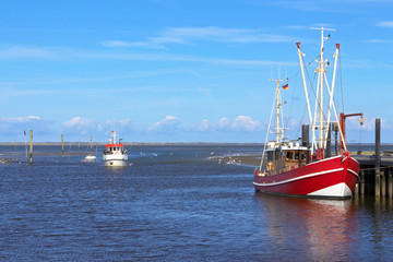 Fototapeta premium Motor boat arrive the harbor after a trip to the next island