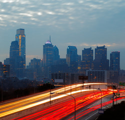City of Philadelphia, skyline is beautifully lit up at dusk