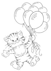 Greeting card Happy birthday. Cat flying on bunch of balloons
