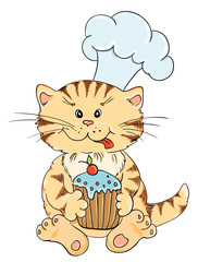 Cartoon cat chef with cupcake