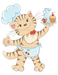 Cartoon cat chef with cupcake and milk