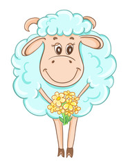 Cartoon sheep with a bouquet of daisies