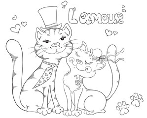 Groom and bride, cat's wedding. Cute romantic background