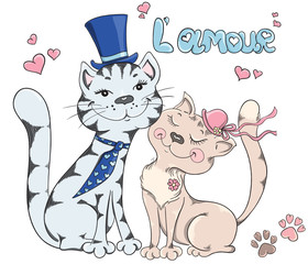 Groom and bride, cat's wedding. Cute romantic background