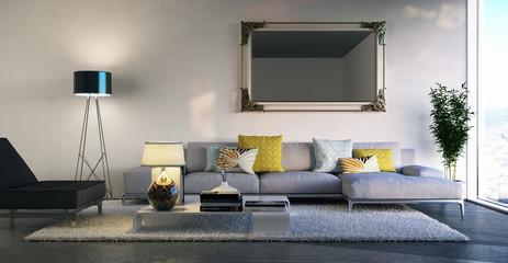 sitzgruppe in schlichtem Loft - luxury sofa in apartment - obrazy, fototapety, plakaty