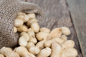 peanuts in a miniature burlap bag on wooden surface