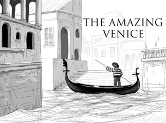 Naklejka premium Venice canals, gondola sketch