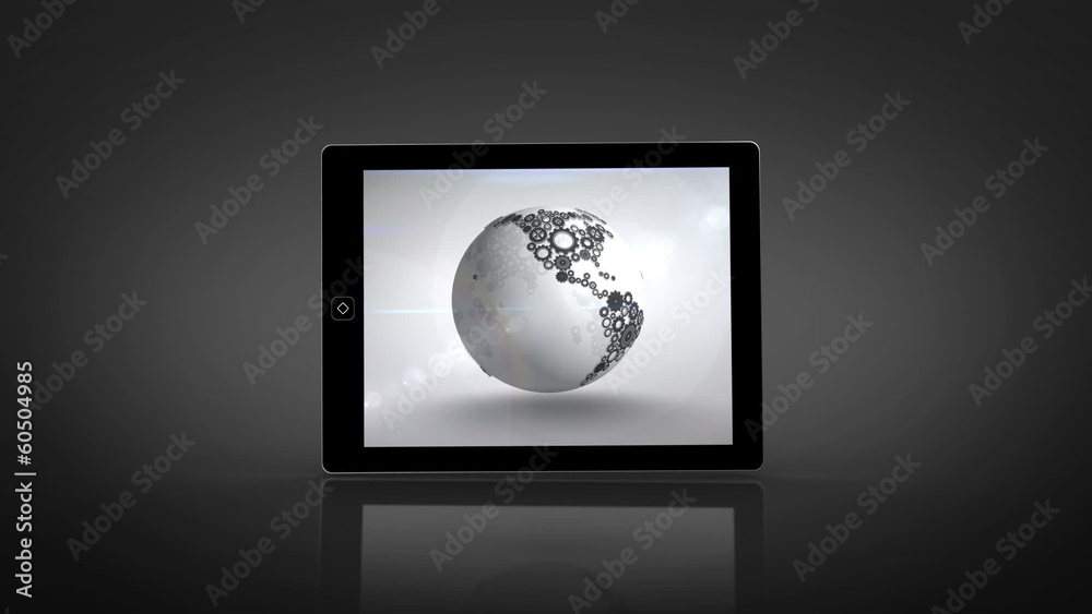 Poster earth made of cogs and wheels montage displayed on tablet screen