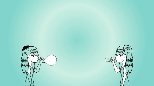 Animation of girls blowing light bulb and earth balloons