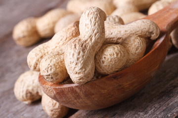 peanuts in shell closeup in brown wooden spoon