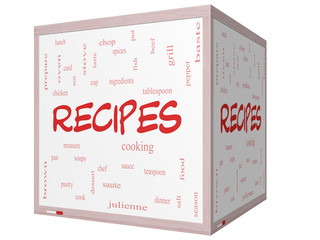 Recipes Word Cloud Concept on a 3D cube Whiteboard