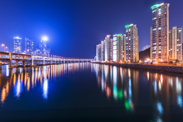 Fototapeta na wymiar Busan, South Korea Suyeong River Cityscape